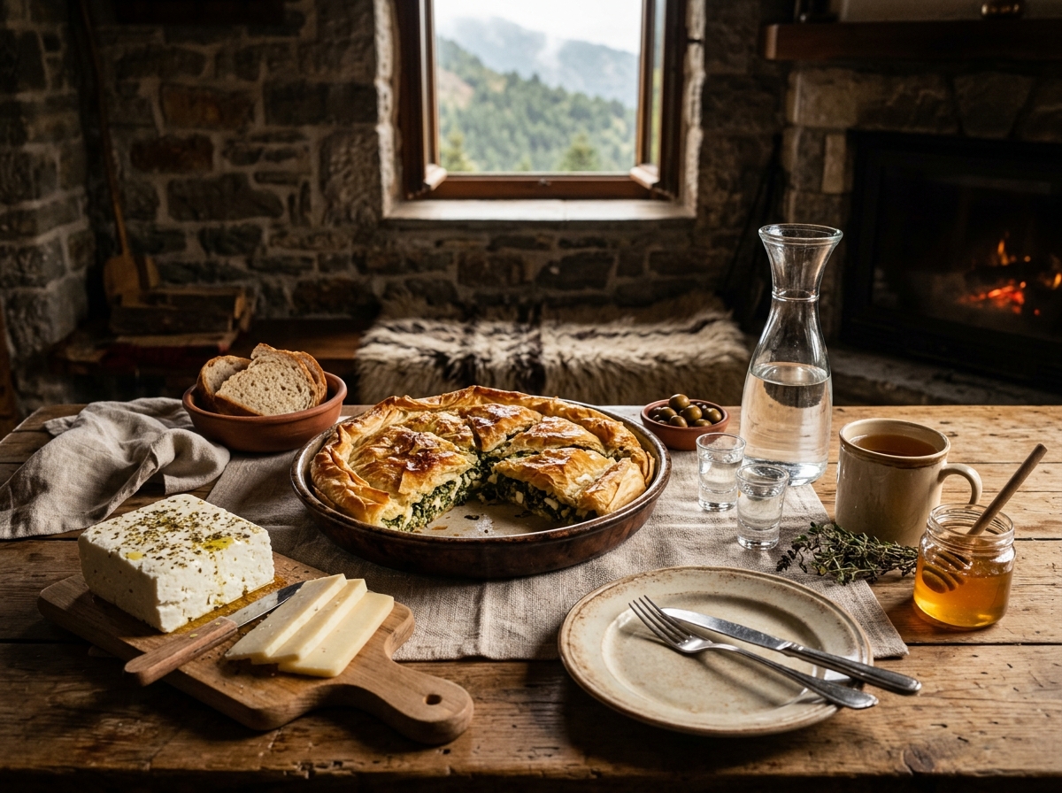 Παραδοσιακή ηπειρώτικη πίτα με άγρια χόρτα, τυρί φέτα και τσίπουρο Πωγωνίου