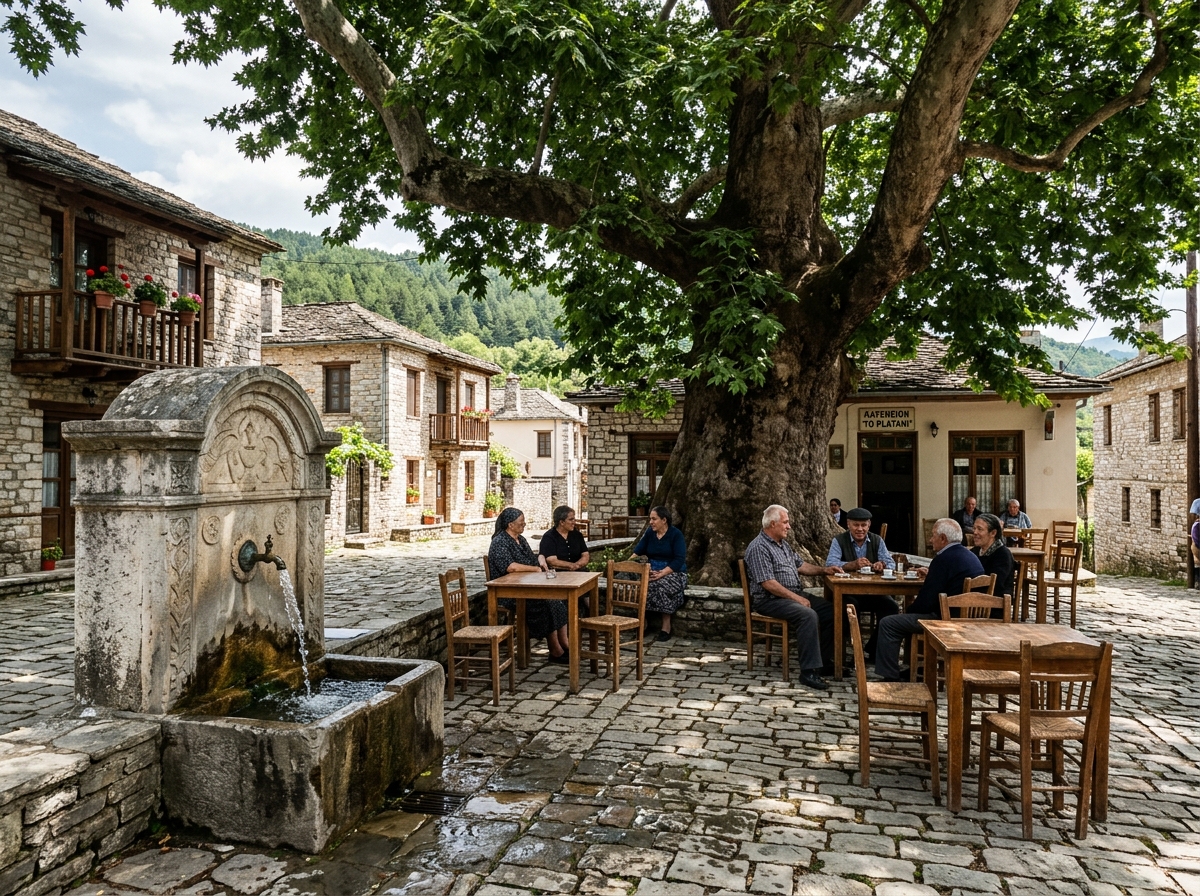 Πλατεία Μερόπης Πωγωνίου με τον υπεραιωνόβιο πλάτανο και την πέτρινη κρήνη